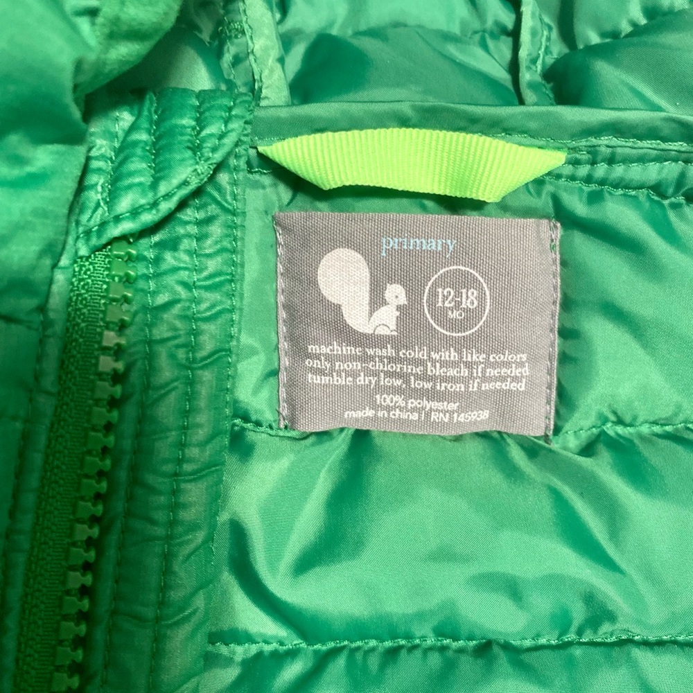 Primary puffer jacket, 12-18 months.